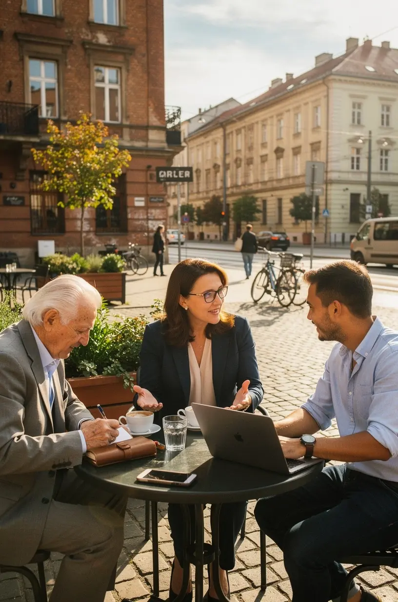 Grupa profesjonalistów wymieniająca pomysły na poprawę zarządzania czasem i szansami rozwoju